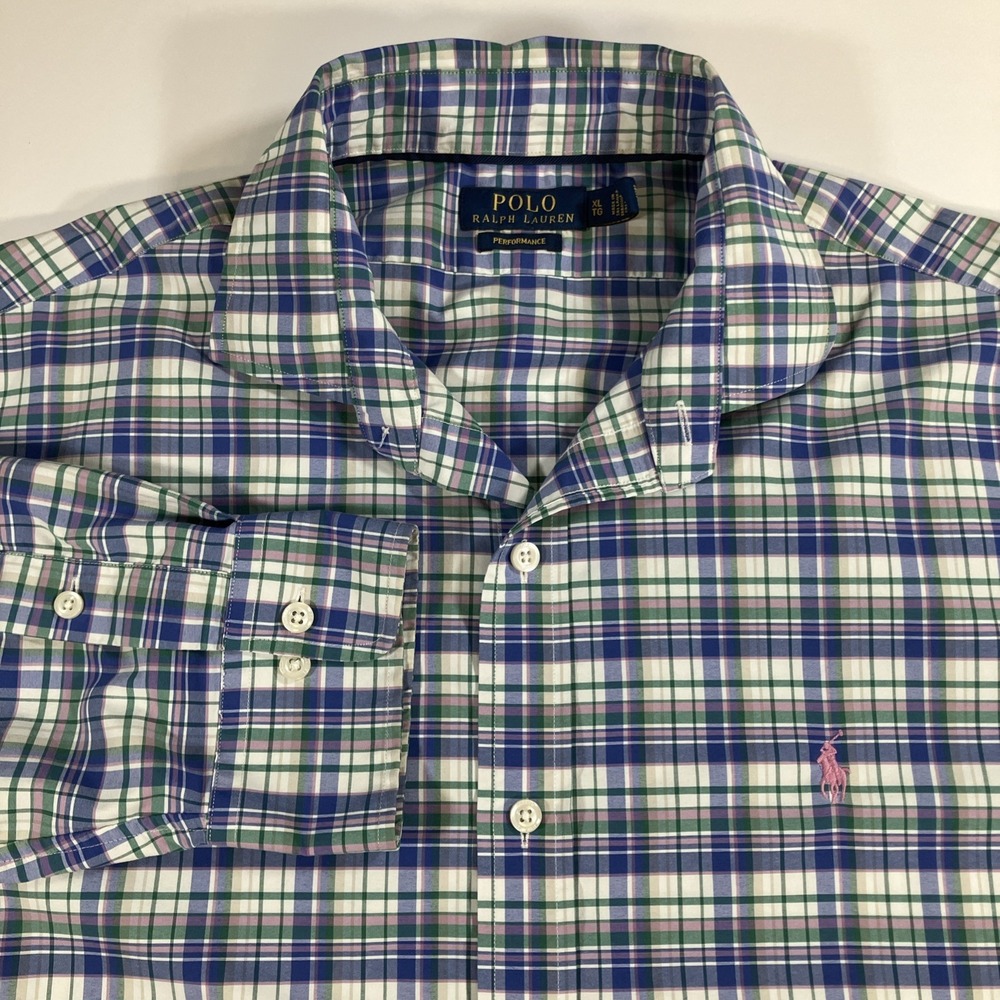 Polo Ralph Lauren XL Blue Green Pink Plaid Performance Classic Fit Shirt Pony